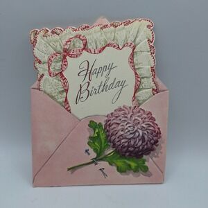 Vintage Happy Birthday Card Pink Envelope Chrysanthemum Floral Lace Design‎